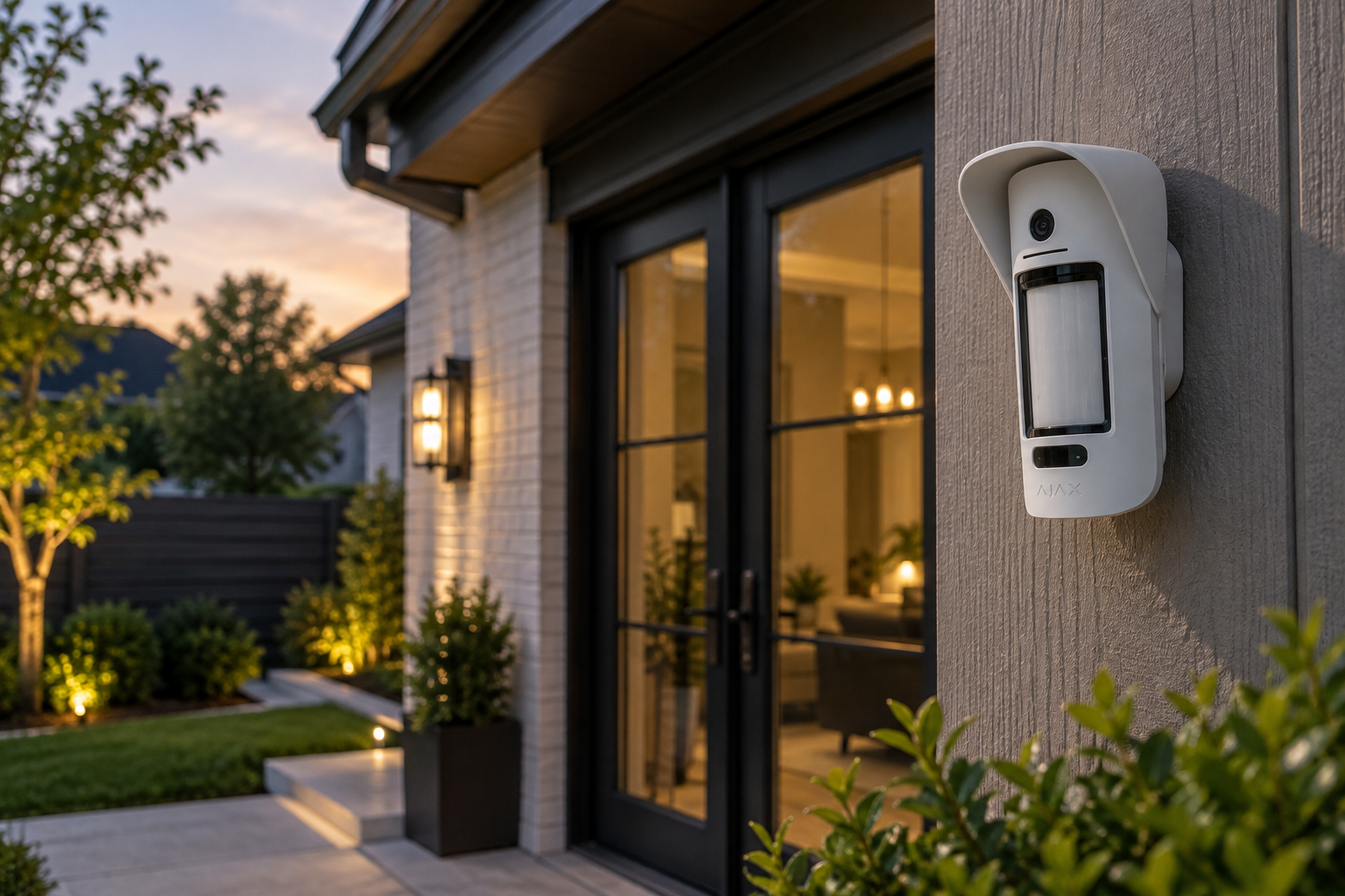Ajax MotionCam Outdoor (PhOD) motion camera installed on the exterior of a residential home